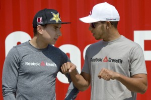 BARCELONA, SPAIN - MAY 09: Jorge Lorenzo (L) and Lewis Hamilton are seen during the Reebok Crossfit workout at Arc del Trionf on May 9, 2012 in Barcelona, Spain. (Photo by David Ramos/Getty Images)